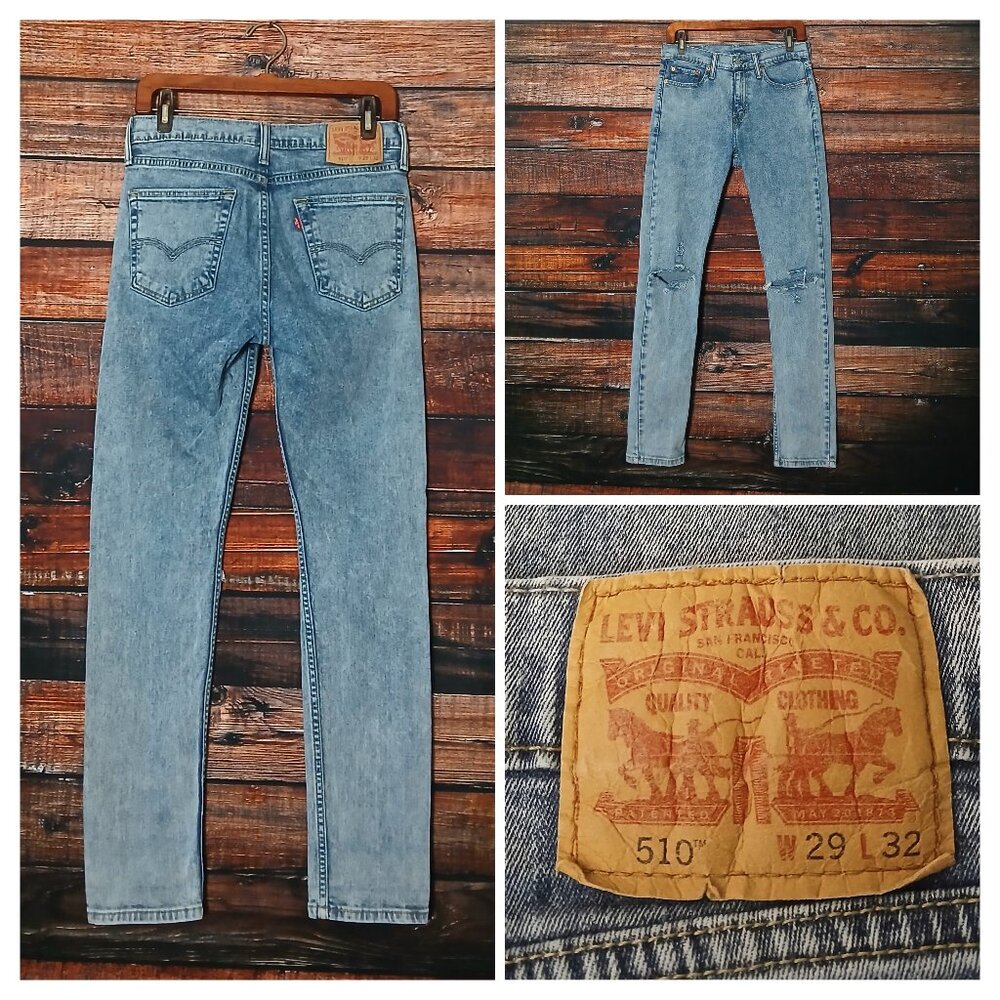 Levis 510 Jeans Mens 29X31 Skinny Fit Ripped Distressed Acid Wash Denim Stretch